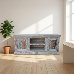 Rustic Distressed White Wood <b>TV</b> <b>Stands</b> <b>Tv</b> Cabinet With 2 Doors And Shelves Storage Buffet Cabinet For Living Room <b>Bedroom</b> Hotel - Product Image 4