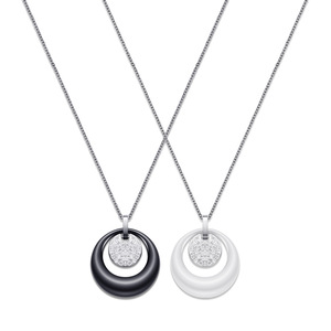 Fashion Pendant <b>Necklace</b> Black And White Ceramic Round Double Layer Pave Setting Geometric Design <b>Couple</b> Jewelry Gift Daily Wear - Product Image 1