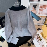 Haut gris élégant pour femme, col poupée, patchwork, col court, cardigan en maille, vêtement d'extérieur, collection Automne Hiver 2026