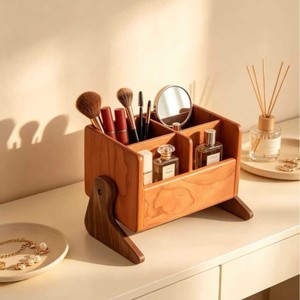 Solid Wood Cosmetic Organizer With Drawers <b>Makeup</b> Storage Rack Desktop Vanity Holder For Lipstick Brush Eyeshadow - Product Image 1