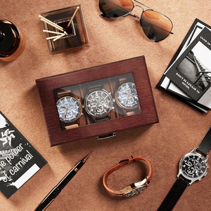 3 Slot Watch Display Case with Glass Lid Classic Rosewood Wooden Watch Organizer Modern Rectangle Wood Watch <b>Storage</b> <b>Box</b> - Product Image 5