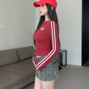 Custom Logo Slim Fit Long Sleeve T <b>Shirt</b> TKAN7718 Wholesale Striped Crop Top Vintage Sporty Racing Jersey Cotton Women Clothing - Product Image 2