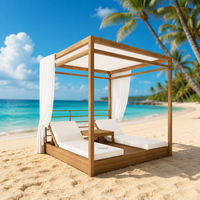 Ensemble de mobilier d'extérieur de style moderne et luxueux Lit de jour double en teck avec rideau Lit de jour cabane latérale pour piscine avec baldaquin