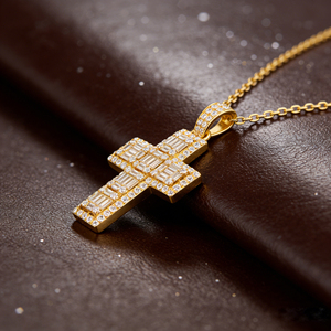CUSTOM SILVER 10K/14K/18K GOLD PLATED LAB GROWN CVD DIAMOND CLASSIC ENGAGEMENT GIFT SWEATER <b>CHAIN</b> NECKLACE <b>CROSS</b> PENDANT VS - Product Image 2