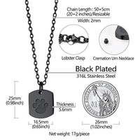 Haute qualité patte de chien en acier inoxydable urne collier souvenir patte noire pendentif rond mémorial cendres crémation porte-animal chien chat