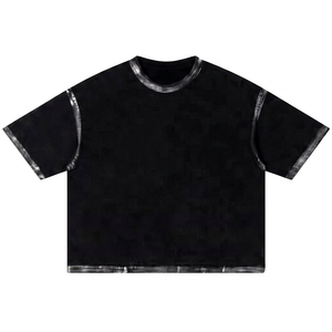 Camiseta Corta Negra Oversize de Manga Corta con Cuello Redondo y Ribete en Contraste Tie Dye para Hombre, Top Casual de Algodón Jersey - Product Image 1
