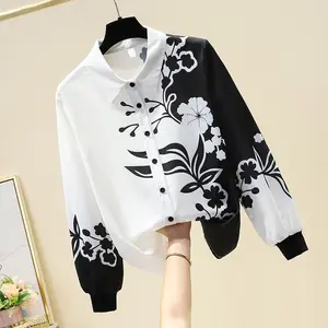 Black and white printing imitation silk shirt ladies fashion long-sleeved shirt imitation mulberry silk OL top