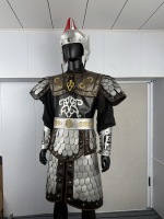 Manteau de Trench Lamellaire Noir et Argenté pour Homme, Style Général Chinois Ancien, avec Plume Rouge et Casque, Matériaux Fonctionnels pour Reconstitutions Historiques