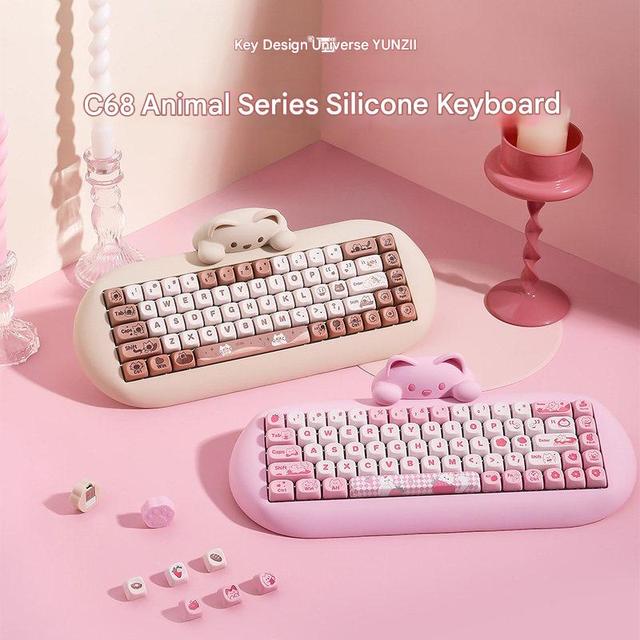 Stylish Customizable C68 Cat-Themed Silicone Mechanical Keyboard BT/Wired/Wireless Tri-Mode Office Keyboard for Women