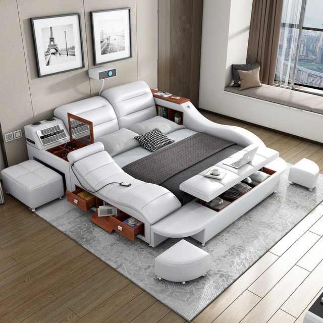 Tatami 1.5 1.8 Meter Soft Bed Multi-Functional Intelligent Storage Leather Upholstery Including Massage Features Smart Bed