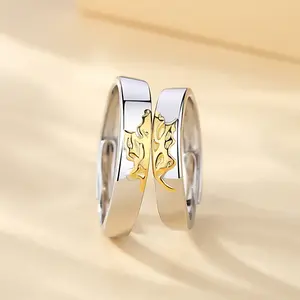 Gold Plating Esdoorn Bladeren Paar Liefhebbers Ring Geplatineerd Open Wedding Ring Set 925 Sterling Zilver