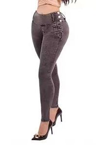 Celana <span class=keywords><strong>Jeans</strong></span> sobek untuk wanita, celana Denim pinggang tinggi elastis dengan desain unik, dekorasi lipit pas badan lima kancing - Product Image 2