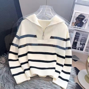 Suéter de punto de manga larga para mujer, con cremallera, a rayas, para otoño e invierno, con interior grueso - Product Image 6