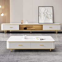 Ensemble Meuble TV et Table Basse Moderne de Luxe en Bois et Marbre, Extensible, avec Tiroirs Carrés Flottants Blancs, Grand Meuble de Salon