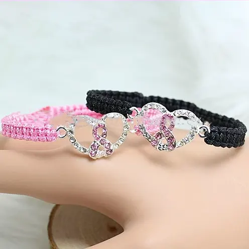 Bracelet de coeur à strass Hello Kitty en cristal rose et noir, cordon de macramé tressé, bracelets de cancer du sein pour enfants, cadeau