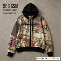Sweat à capuche zippé intégral RAMAX Hiver Ample Double Couche 500GSM Noir Imprimé Intégral Streetwear Graphique Homme Personnalisé OEM ODM Vente en Gros Usine