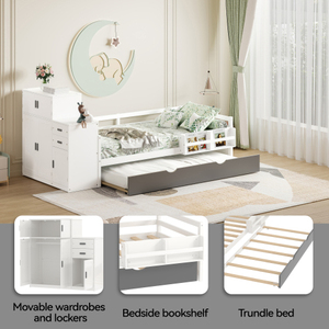 Twin Size Wood Platform <b>Bed</b> with Sample Bookshelf and Movable Wardrobe, Multifunctional <b>Bed</b> with Built-in Trundle <b>Bed</b> - Product Image 3