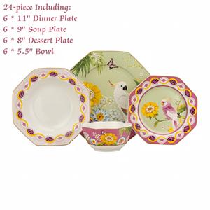 Juego de Vajilla de Porcelana con Diseño de Loros Tropicales Rosados, 24 Piezas, Octagonal, con Borde Dorado, Portátil y Reutilizable, OEM ODM - Product Image 2