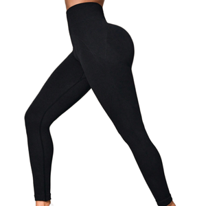 FLW Active Wear Leggings de sport taille haute pour femme, effet froncé aux fesses, sans couture, pour fitness et yoga, noir, fermeture élastique, couleur unie - Product Image 1