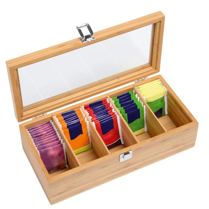Bamboo Tea Bag Storage Organizer 5 Compartments Tea Boxes Wholesale with Transparent Acrylic Lid