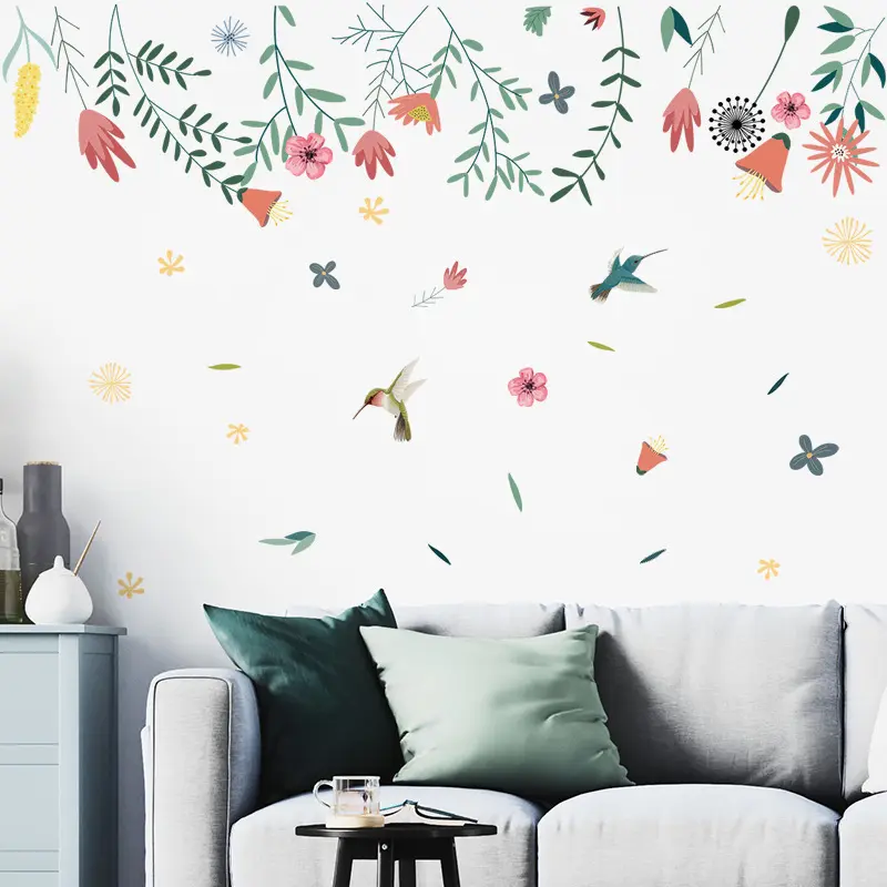 手描きのカラフルな花と鳥の壁デカール落ち葉壁紙寝室のリビングルーム暖かい家の装飾ステッカー