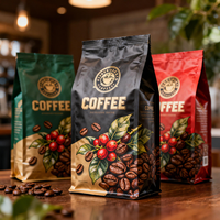 Sacs à café à fond plat personnalisés imprimés 250g 500g 1kg 5kg avec valve et fermeture éclair, pochettes verticales pour l'emballage des grains de café
