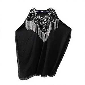 Abaya élégante noire en polyester, modeste, avec perles, pois, franges, col châle, col montant, longueur ras du sol, manches longues, pour femme, usage quotidien - Product Image 1