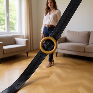 Correa de cuero negra con hebilla de madera de 5 cm y PP para mujer, cinturón de moda. - Product Image 2