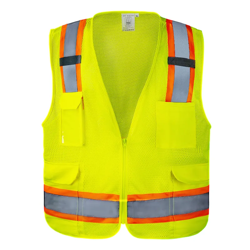 Gilet de sécurité bicolore réfléchissant haute visibilité léger et respirant avec fermeture à glissière et multi-poches en maille