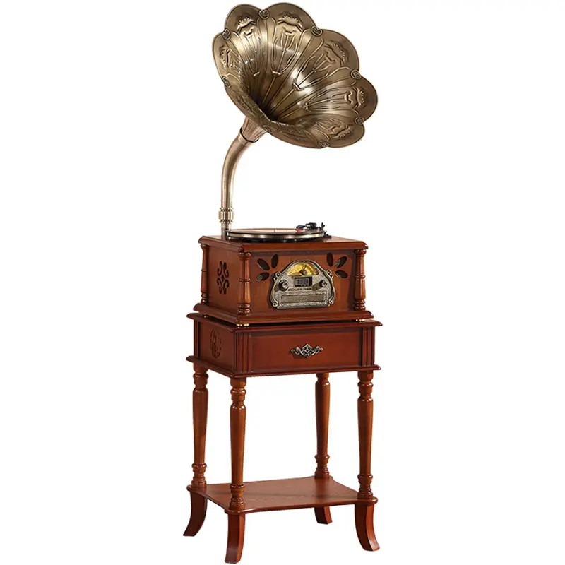 TOCADISCOS antiguo de vinilo, caja de madera con bocina de cobre, gramófono