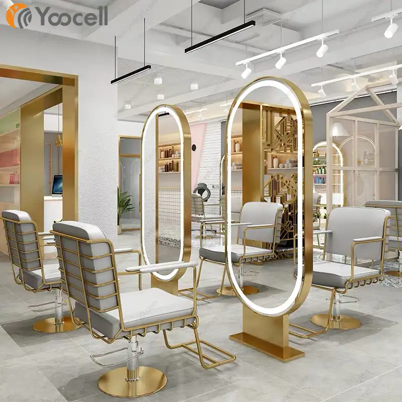 Yoocell yeni altın styling istasyonu led ışık ayna salon tipi sandalye berber koltuğu modern salon mobilya