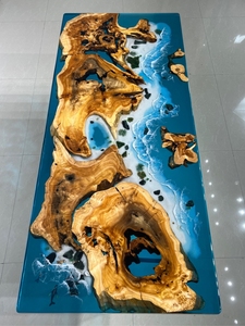 Tavolo da Pranzo o da Cucina a Lastra in Legno di Suar e Resina Epossidica Luminosa Tema Baia Marina Spiaggia - Product Image 2