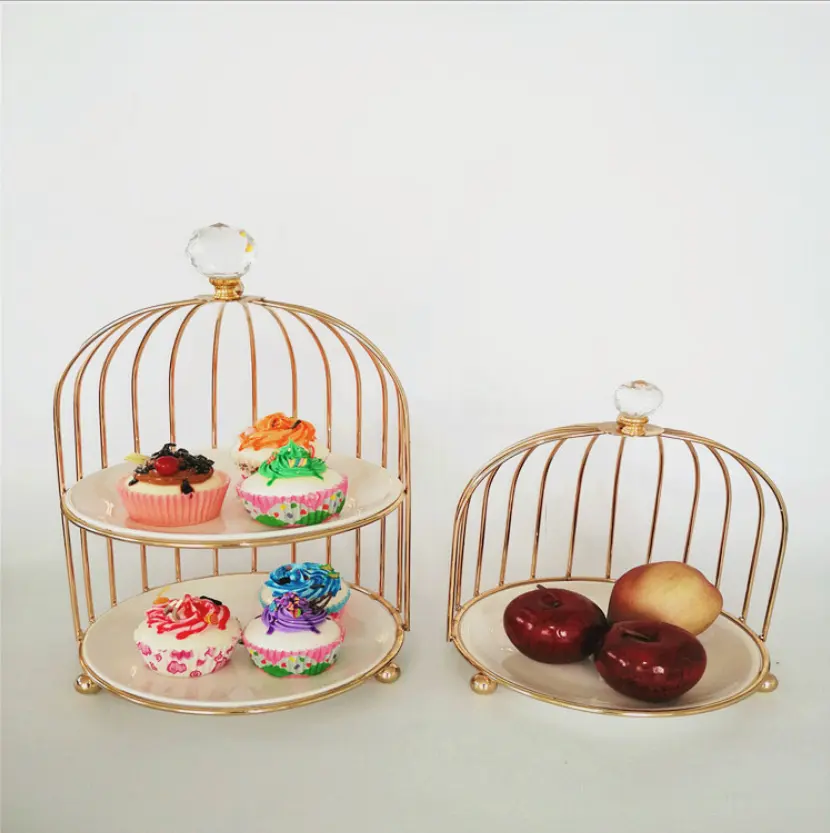 Vogelkooi Gouden Metalen Cake Stands Lade Taart Draaitafel Stand Bruiloft Dessert Tafel Display Cake Stand Met Keramische Platen