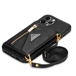 Luxury Leather Case with Card Holder Card Insert with Lanyard for iPhone 14 Pro Max/13 Pro/12 Female Style Protector Phone Case