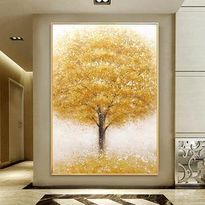 Peinture à l'huile abstraite peinte à la main, arbre à argent doré, cadre doré, rectangle, art mural moderne minimaliste pour salon, décoration murale suspendue - Product Image 1