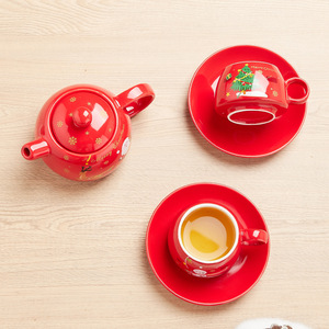 Service à thé en céramique de Noël avec bordure dorée de luxe, ensemble de service à thé empilable multicolore, vaisselle de table personnalisée pour les fêtes - Product Image 3