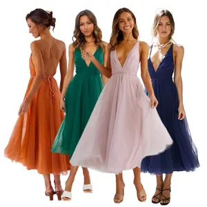 LQ235 New Arrival Spaghetti Strap Summer Dress Sexy Mesh Flowing Party Dresses Women Solid Color Bridesmaid Dresses