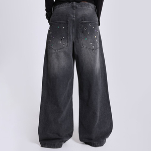 Jean vintage unisexe de haute qualité, personnalisé, entièrement orné de strass, taille mi-haute, respirant, coupe ample, jambe large, en denim délavé - Product Image 2