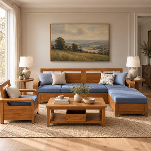 Ensemble de canapé sectionnel en bois massif en forme de L avec coussins en tissu bleu et fauteuil assorti pour salon, design rustique - Product Image 1