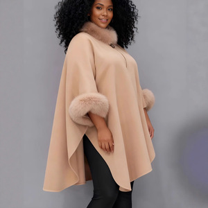 New Plus Size Cloak Custom Warm Autumn and Winter Large Fur Collar Mid Length <strong>Coat</strong> Cloak Shawl Loose Ladies Women Shawl - Product Image 4