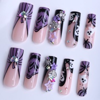 Lot de 24 faux ongles rectangulaires à presser, motifs crâne et citrouille, avec paillettes roses et strass appliqués à la main, style INS, en stock