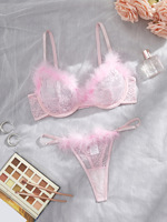 Ensemble de lingerie sexy en dentelle rose chaud pour femmes, soutien-gorge et string en peluche transparent doux et mignon pour adultes en gros