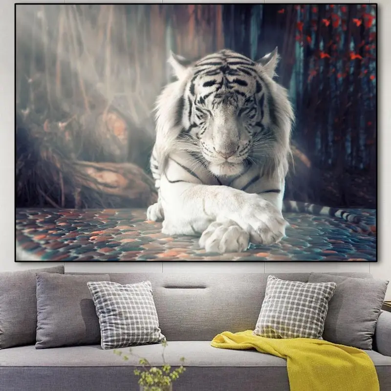 व्हाइट टाइगर पशु कला पोस्टर और प्रिंट कैनवास पर पेंटिंग कमरे में रहने वाले घर के लिए दीवार कला सजावटी तस्वीर पर सजावट