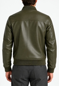 Blouson bomber en cuir vert olive pour homme, col côtelé, fermeture éclair - Product Image 5