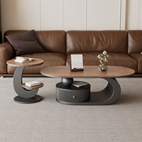 Table basse ovale de luxe moderne couleur noyer, table d'appoint style crème pour salon, idéale pour jeunes propriétaires et petits appartements, en bois de chêne