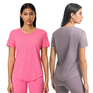 Camiseta DE <span class=keywords><strong>TENIS</strong></span> transpirable ecológica para <span class=keywords><strong>mujer</strong></span>, logotipo personalizado, venta al por mayor, mangas cortas de seda helada, cuello redondo, parte delantera de Fitness deportivo hueco - Product Image 1