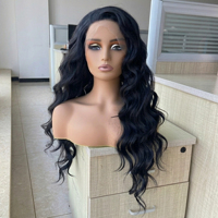 AliLeader Wig Rambut Sintetis Tahan Panas, Model Loose Body Wave Panjang, Warna Hitam, Serat Tahan Suhu Tinggi, Pre Plucked, Lace Front, Laris Manis