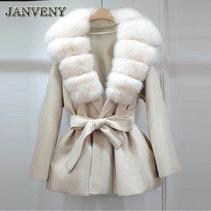 JANVENY 2024 Nouveau <span class=keywords><strong>Manteau</strong></span> d'Hiver pour <span class=keywords><strong>Femme</strong></span> en Vraie Fourrure de Renard Naturelle et Mélange de <span class=keywords><strong>Laine</strong></span>, Longueur Mi-longue Ceinturée Col Rabattu Ample en Cachemire - Product Image 4