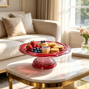 Assiettes de service rondes en métal avec support, design solide, style classique pour la présentation de desserts lors de fêtes, finition or rouge cuivre - Product Image 3