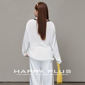 Pull en tricot style lin color-block Happy Plus, grande taille, manches longues, blanc cassé, pour femme - Product Image 4